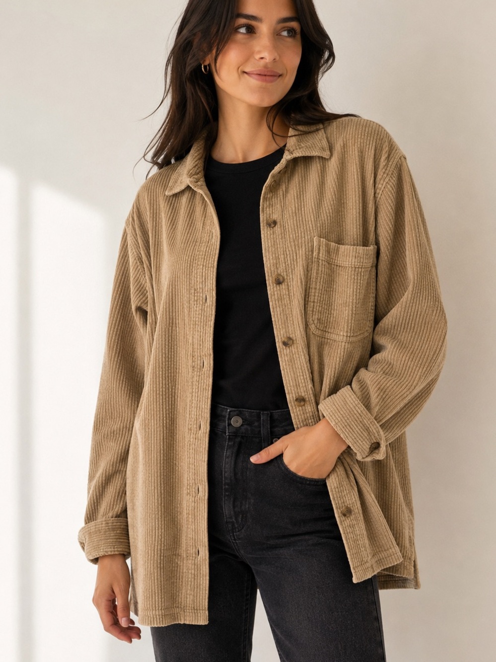 L.L.Bean Women’s XL Wide Wale Corduroy Overshirt Shacket Tan Button Front